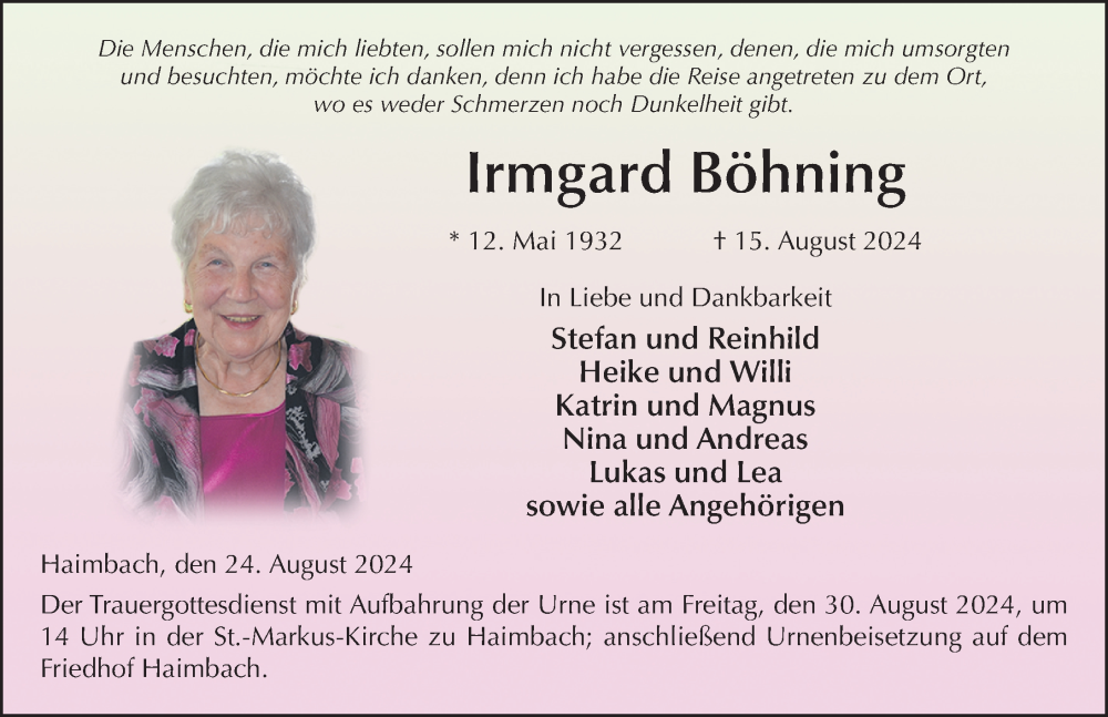  Traueranzeige für Irmgard Böhning vom 24.08.2024 aus FZ