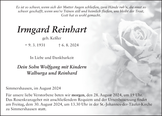Traueranzeige von Irmgard Reinhart von FZ
