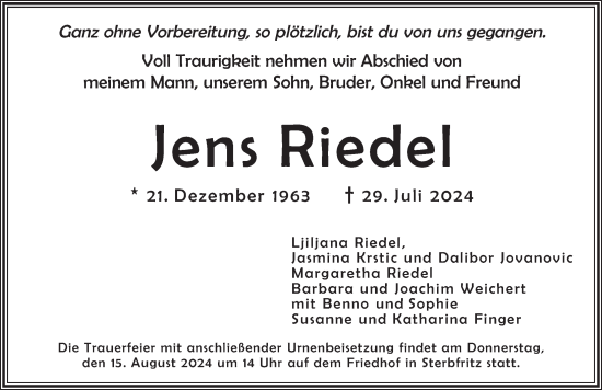 Traueranzeige von Jens Riedel von FZ