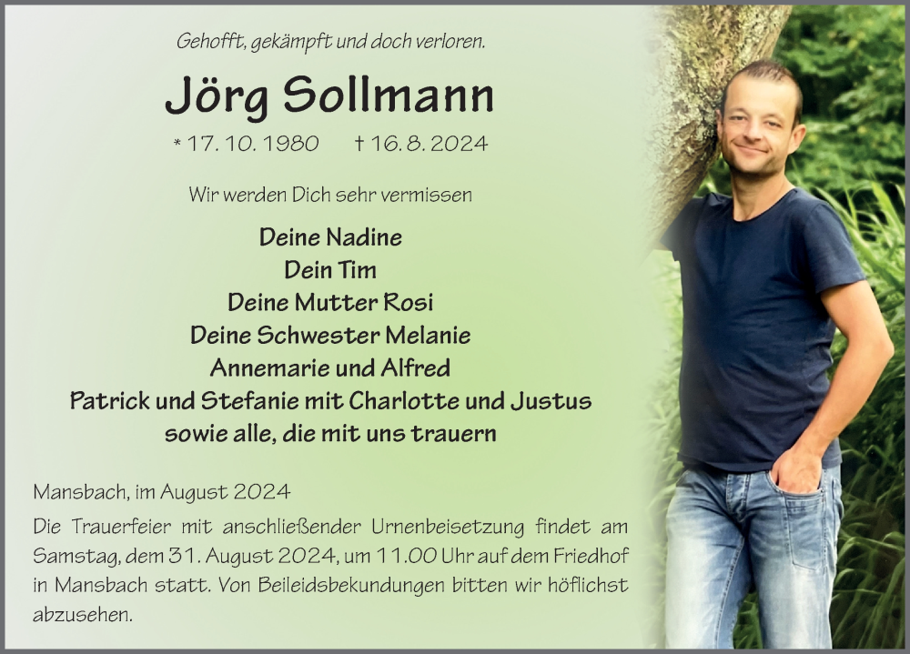 Traueranzeige für Jörg Sollmann vom 27.08.2024 aus FZ