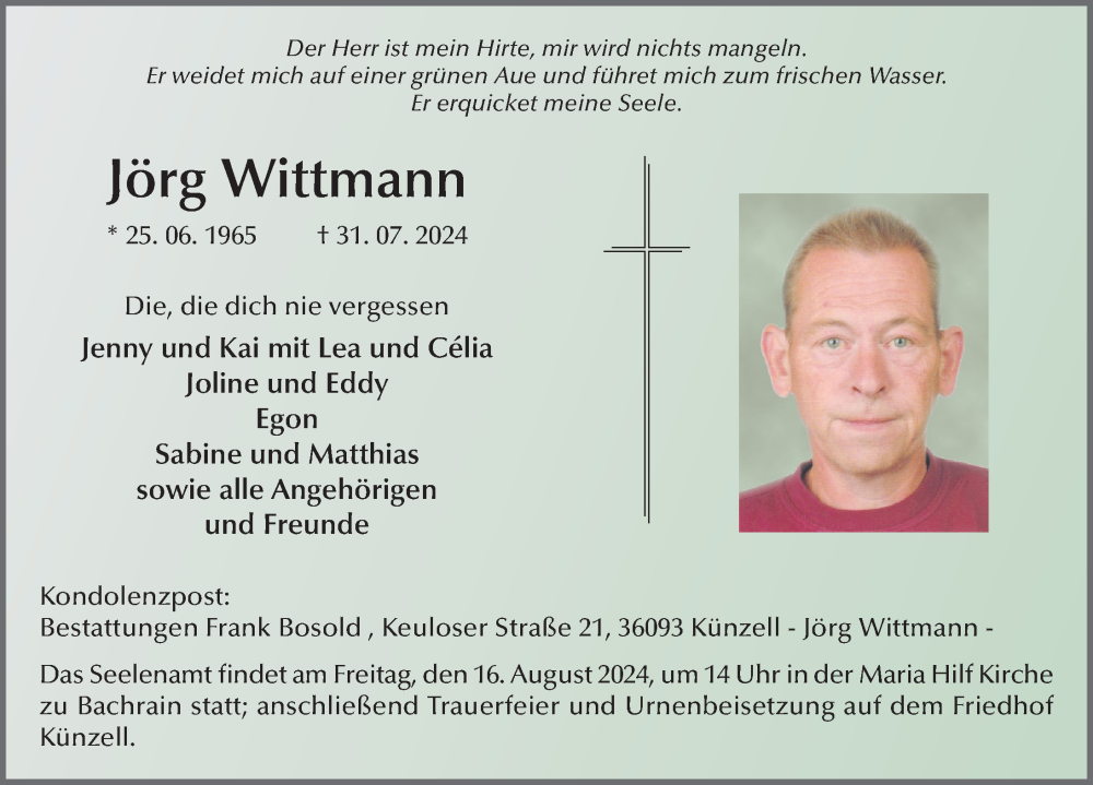  Traueranzeige für Jörg Wittmann vom 10.08.2024 aus FZ