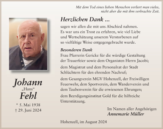 Traueranzeige von Johann Fehl von FZ