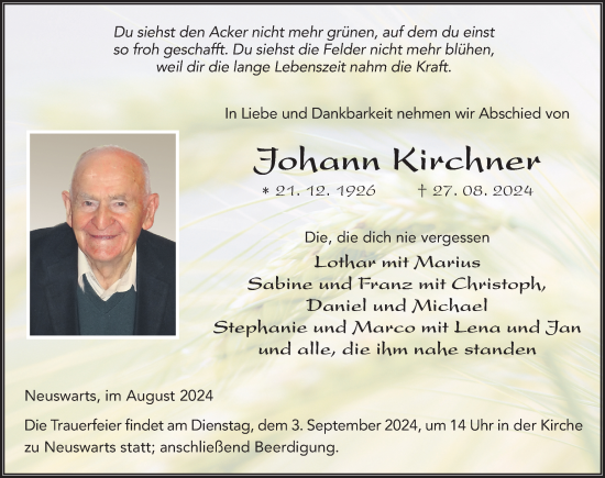 Traueranzeige von Johann Kirchner von FZ