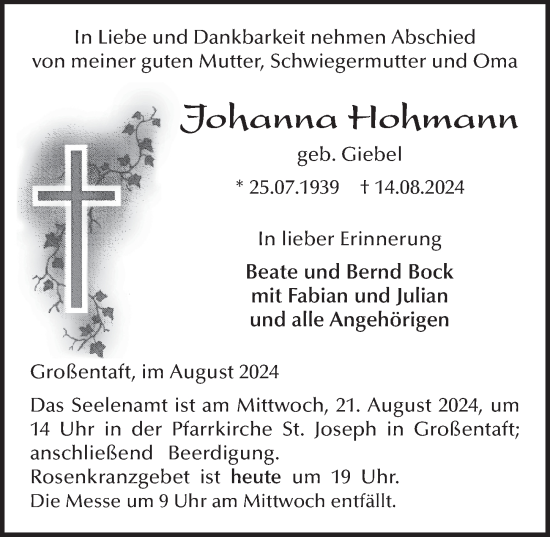 Traueranzeige von Johanna Hohmann von FZ