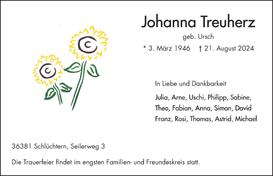 Traueranzeige von Johanna Treuherz von FZ