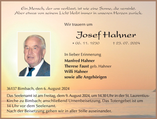 Traueranzeige von Josef Hahner von FZ