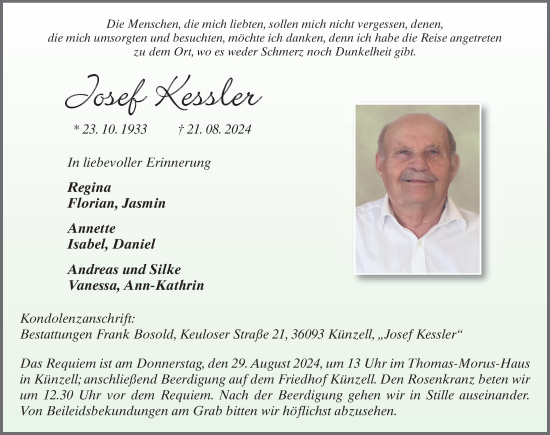 Traueranzeige von Josef Kessler von FZ
