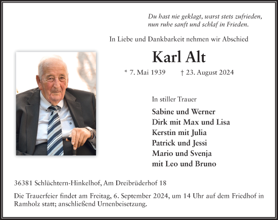 Traueranzeige von Karl Alt von FZ