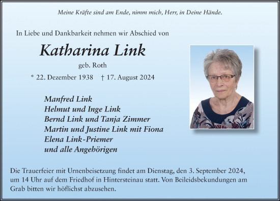 Traueranzeige von Katharina Link von FZ