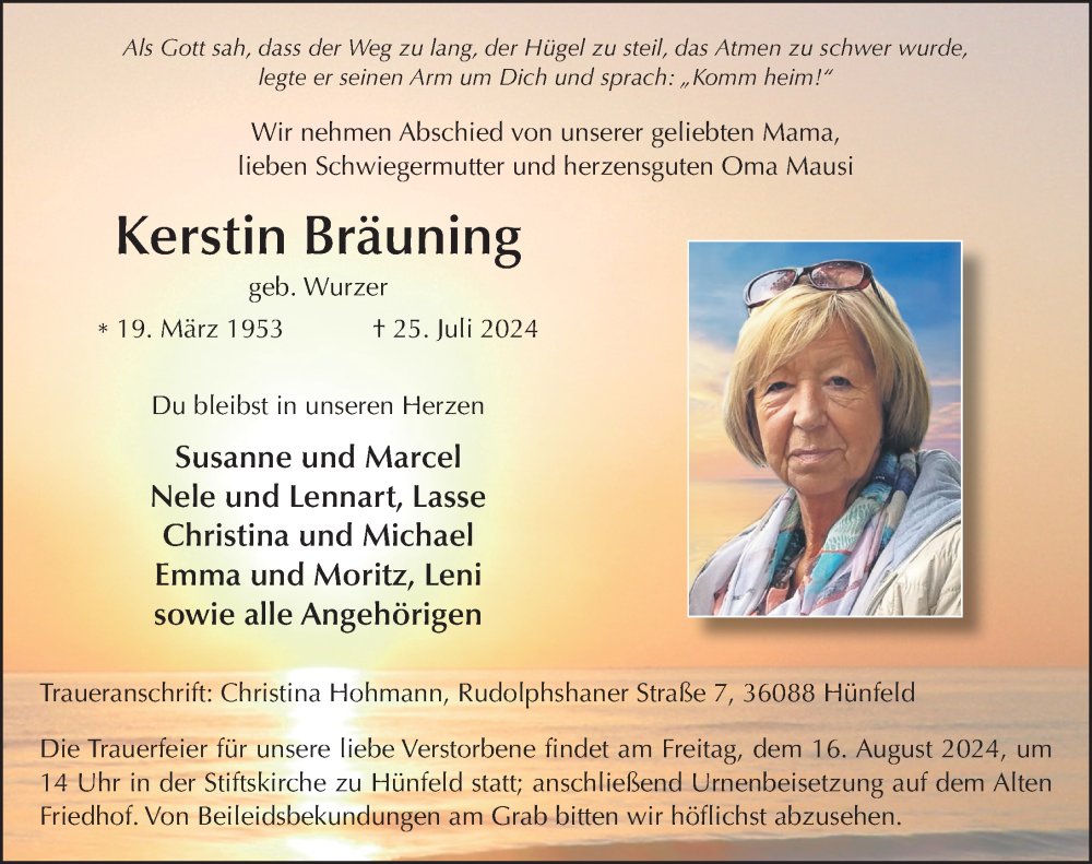  Traueranzeige für Kerstin Bräuning vom 13.08.2024 aus FZ