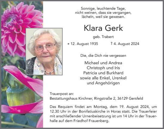 Traueranzeige von Klara Gerk von FZ
