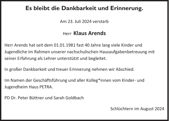 Traueranzeige von Klaus Arends von FZ