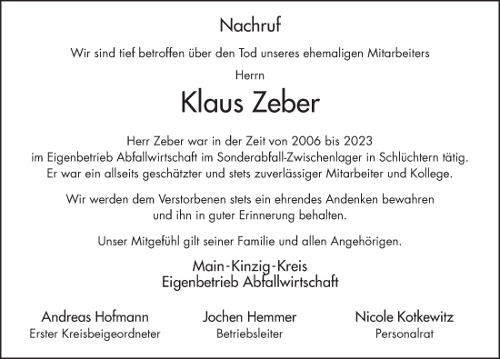 Traueranzeige von Klaus Zeber von FZ