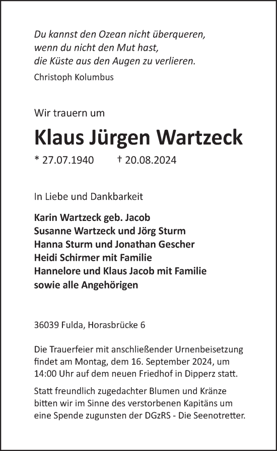 Traueranzeige von Klaus Jürgen Wartzeck von FZ