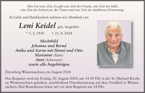 Traueranzeige von Leni Keidel von FZ