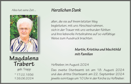 Traueranzeige von Magdalena Trabert von FZ