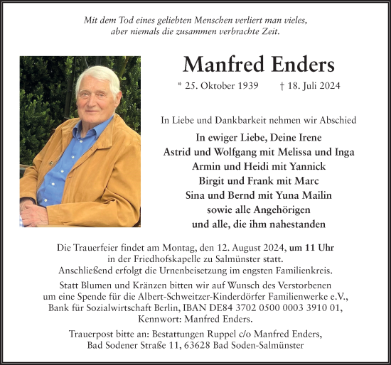 Traueranzeige von Manfred Enders von FZ