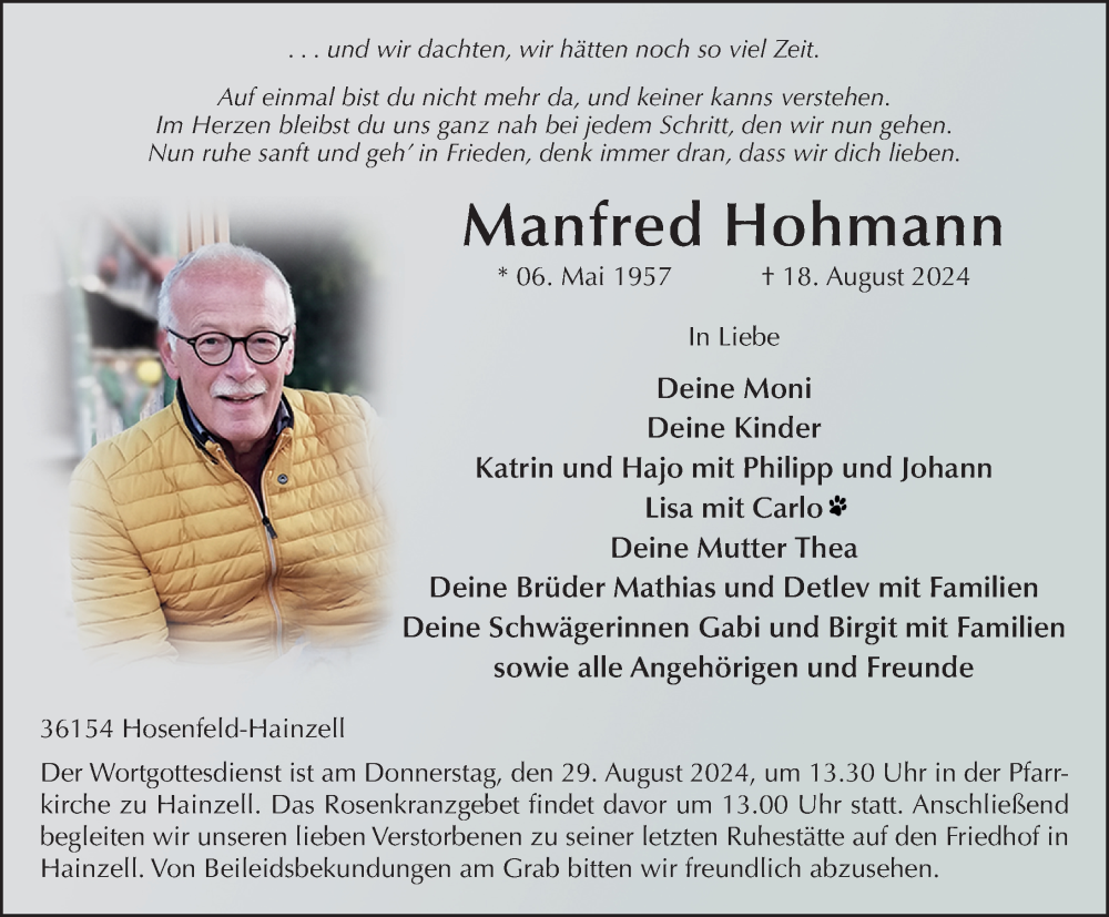  Traueranzeige für Manfred Hohmann vom 26.08.2024 aus FZ
