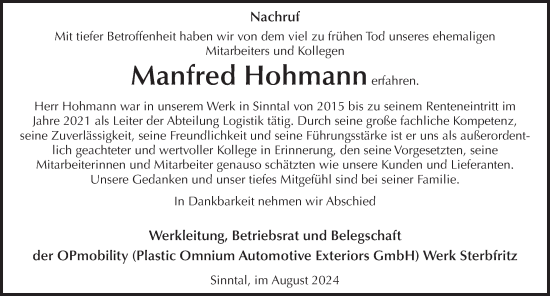 Traueranzeige von Manfred Hohmann von FZ
