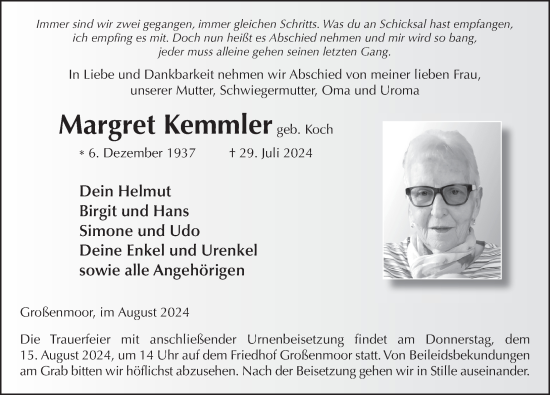 Traueranzeige von Margret Kemmler von FZ