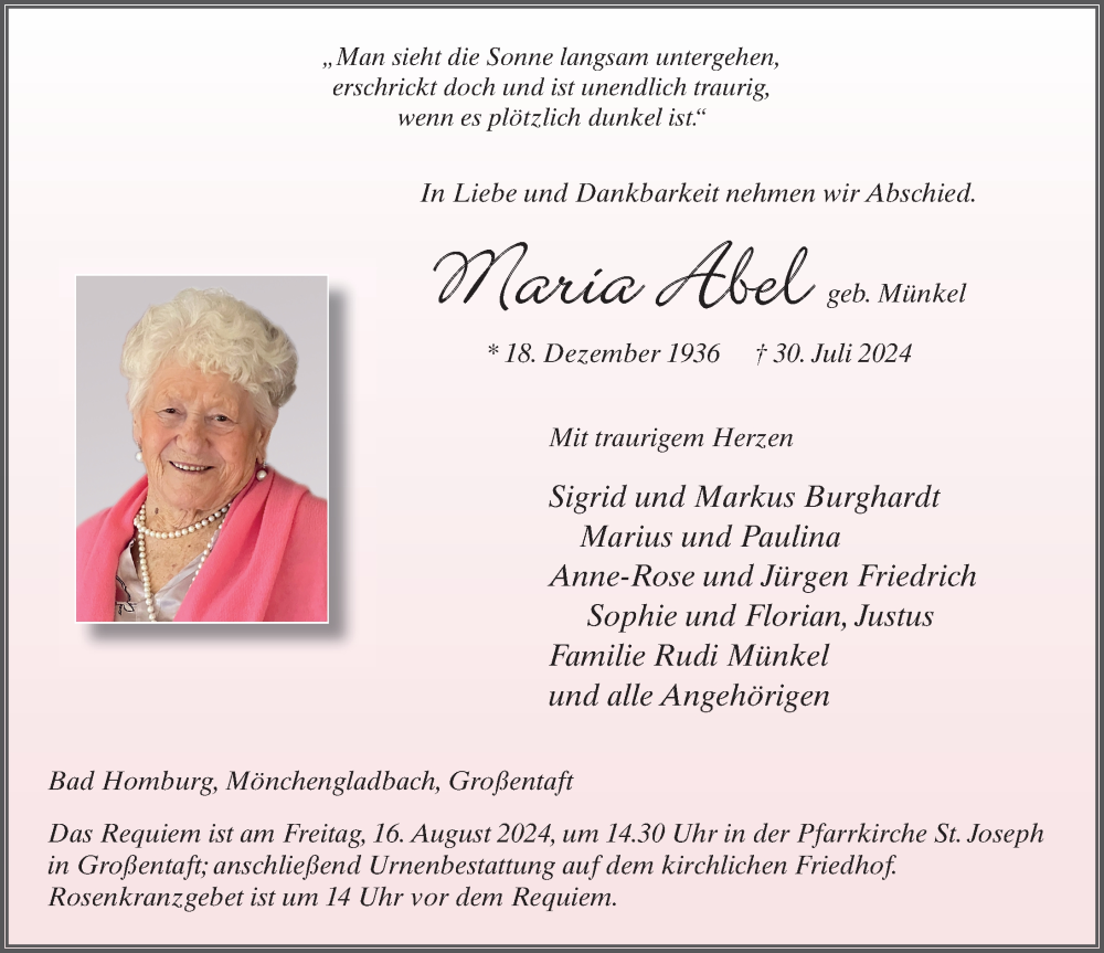  Traueranzeige für Maria Abel vom 03.08.2024 aus FZ