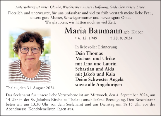 Traueranzeige von Maria Baumann von FZ