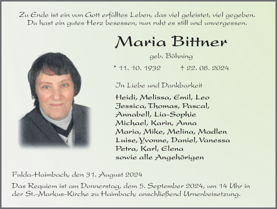 Traueranzeige von Maria Bittner von FZ