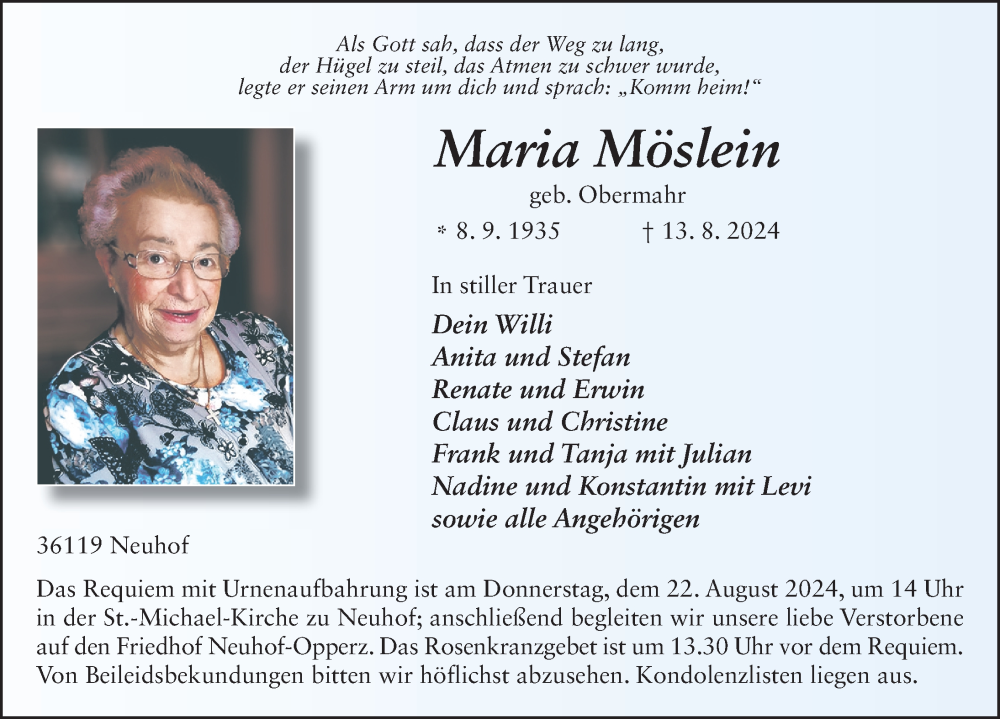  Traueranzeige für Maria Möslein vom 19.08.2024 aus FZ