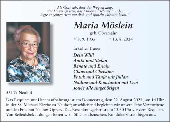 Traueranzeige von Maria Möslein von FZ