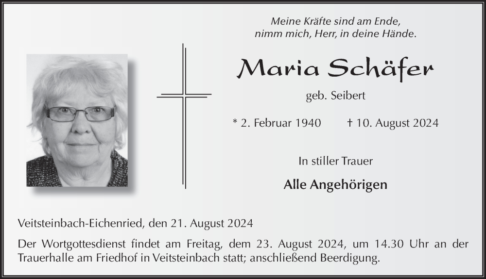  Traueranzeige für Maria Schäfer vom 21.08.2024 aus FZ