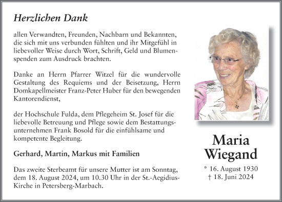 Traueranzeige von Maria Wiegand von FZ