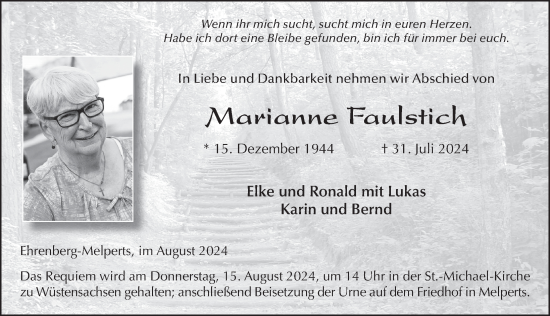 Traueranzeige von Marianne Faulstich von FZ