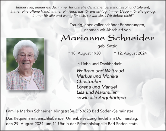 Traueranzeige von Marianne Schneider von FZ