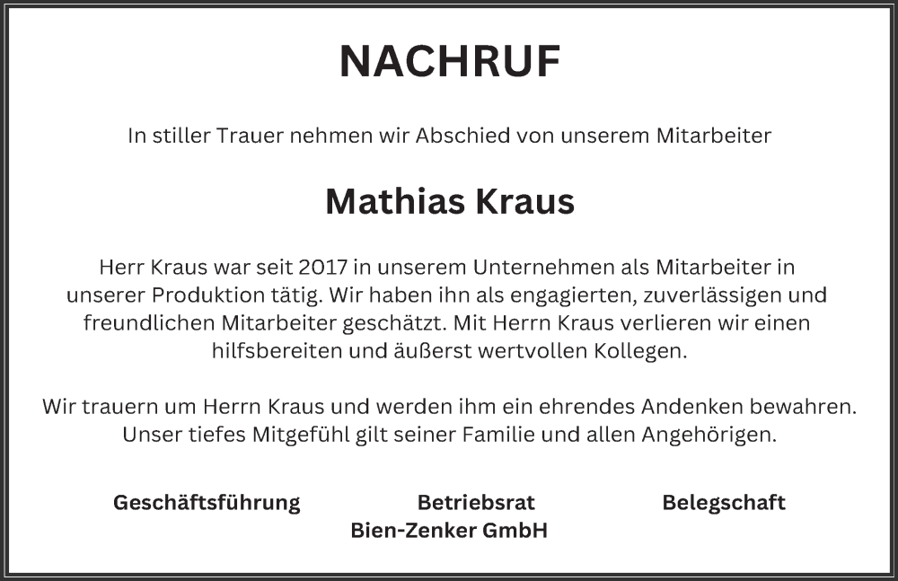  Traueranzeige für Mathias Kraus vom 26.08.2024 aus FZ
