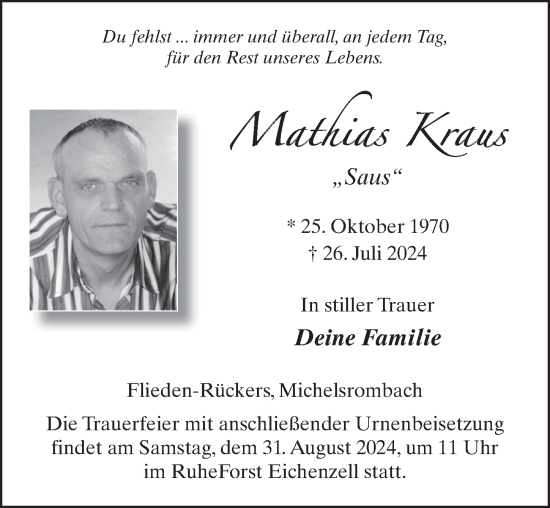 Traueranzeige von Mathias Kraus von FZ