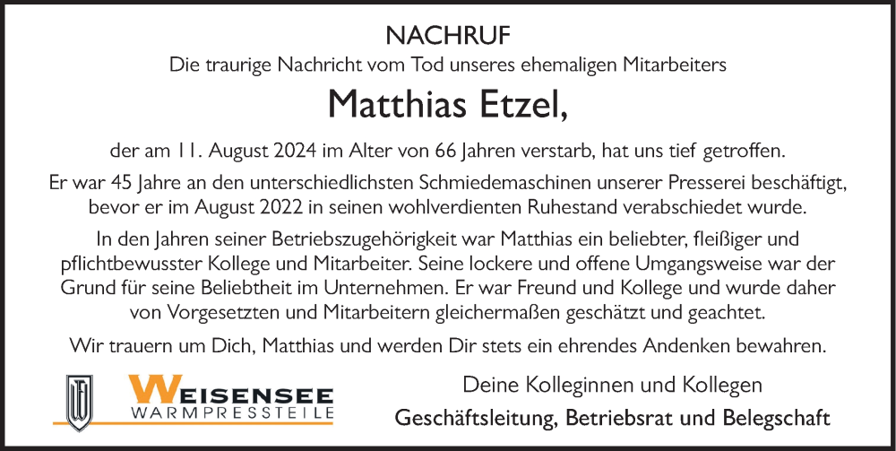  Traueranzeige für Matthias Etzel vom 31.08.2024 aus FZ