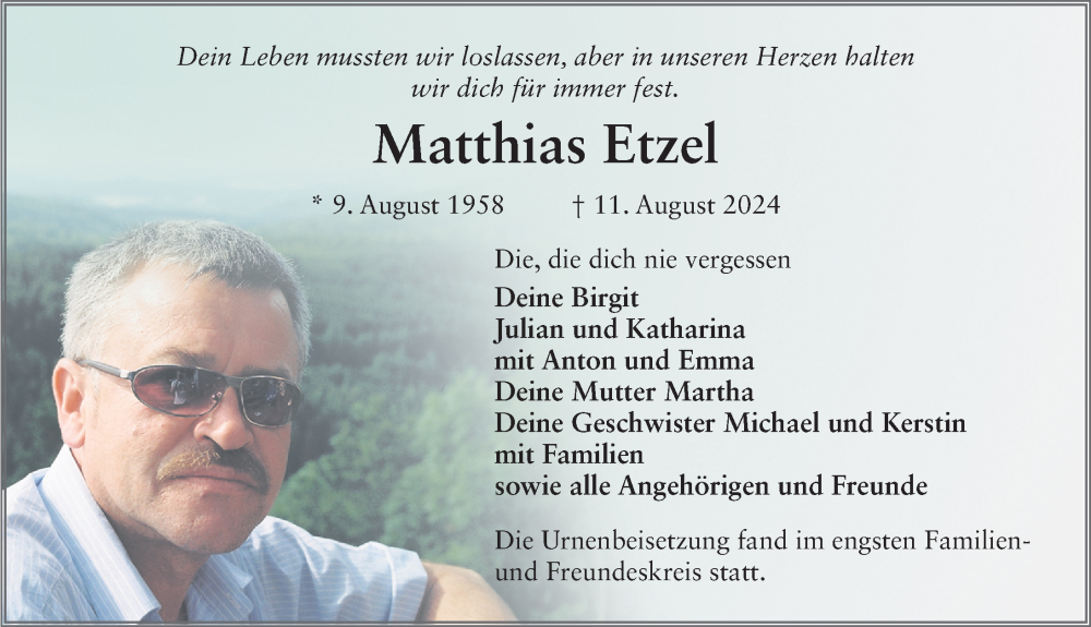  Traueranzeige für Matthias Etzel vom 31.08.2024 aus FZ