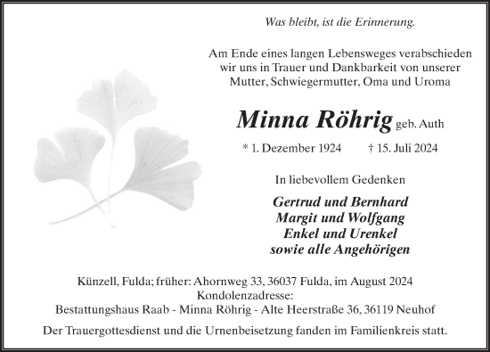 Traueranzeige von Minna Röhrig von FZ
