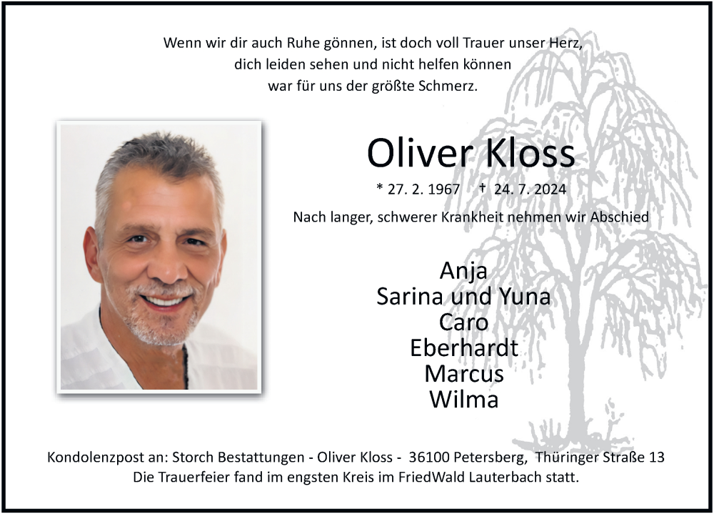  Traueranzeige für Oliver Kloss vom 17.08.2024 aus FZ