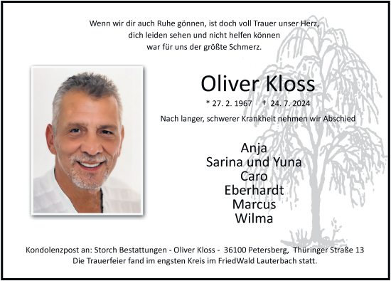 Traueranzeige von Oliver Kloss von FZ