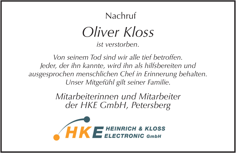  Traueranzeige für Oliver Kloss vom 17.08.2024 aus FZ