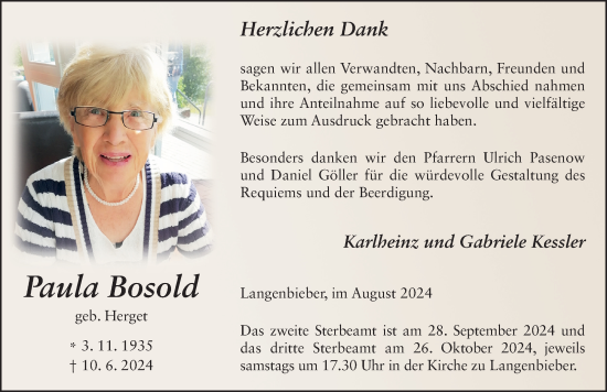 Traueranzeige von Paula Bosold von FZ