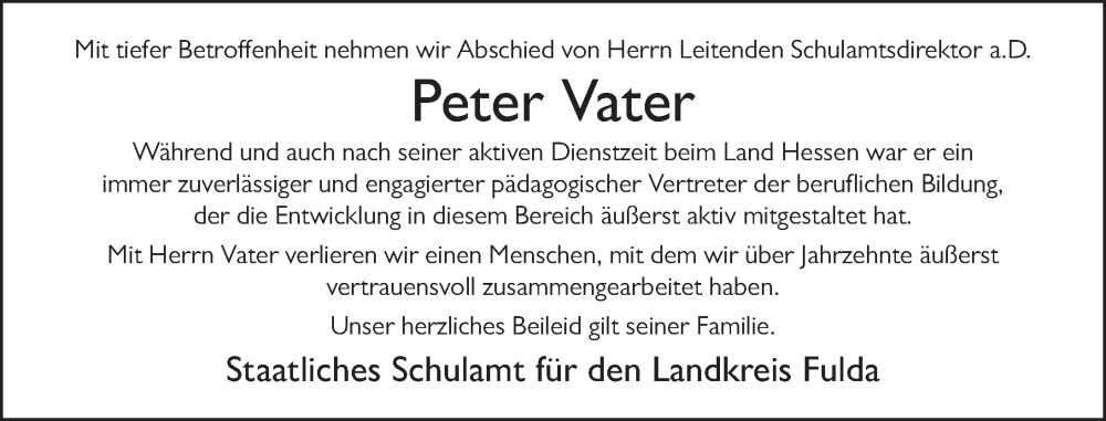  Traueranzeige für Peter Vater vom 28.08.2024 aus FZ