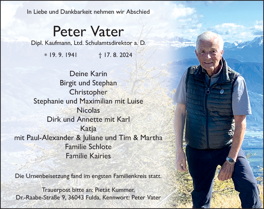  Traueranzeige für Peter Vater vom 27.08.2024 aus FZ