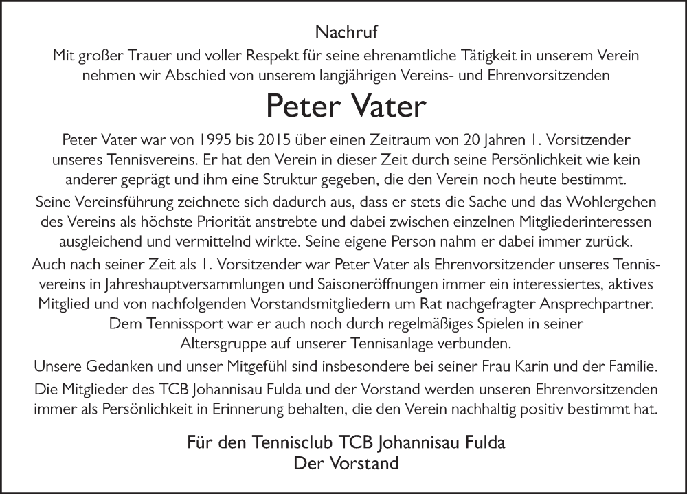  Traueranzeige für Peter Vater vom 28.08.2024 aus FZ