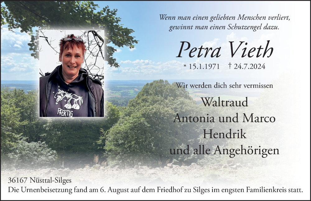  Traueranzeige für Petra Vieth vom 07.08.2024 aus FZ