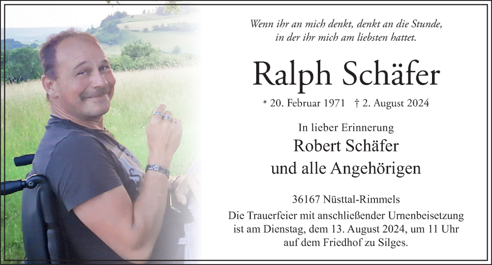  Traueranzeige für Ralph Schäfer vom 10.08.2024 aus FZ