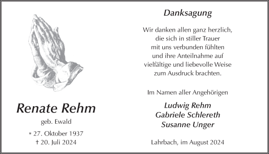 Traueranzeige von Renate Rehm von FZ