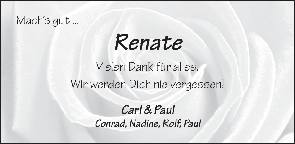  Traueranzeige für Renate Wehner vom 14.08.2024 aus FZ