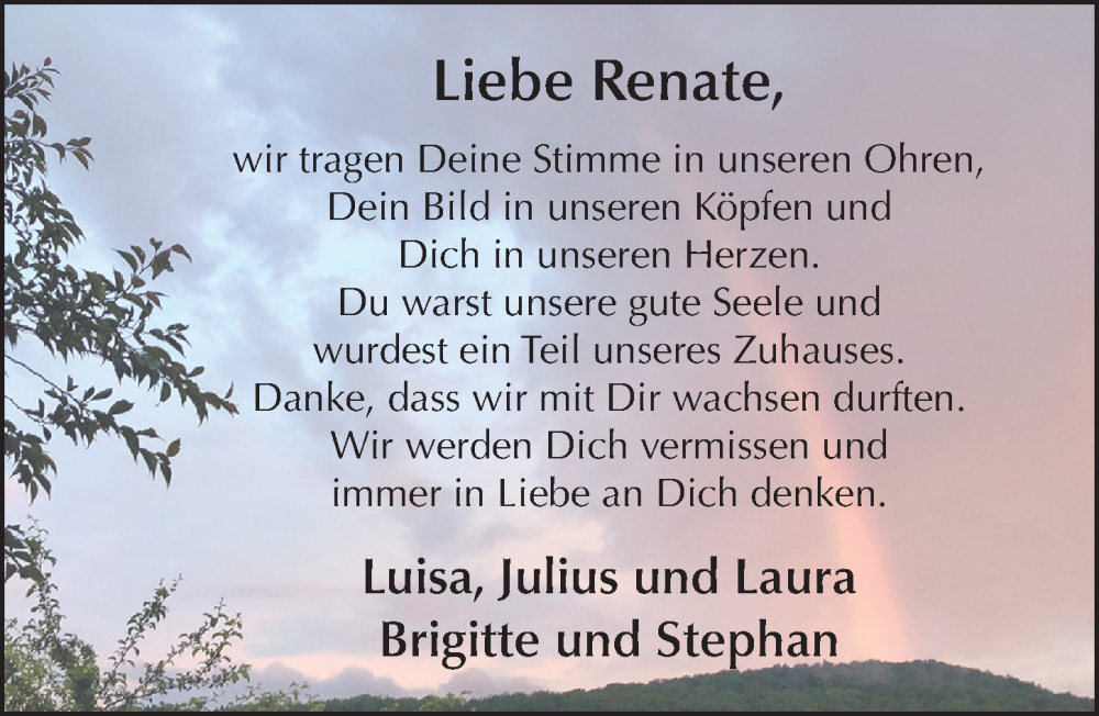  Traueranzeige für Renate Wehner vom 14.08.2024 aus FZ